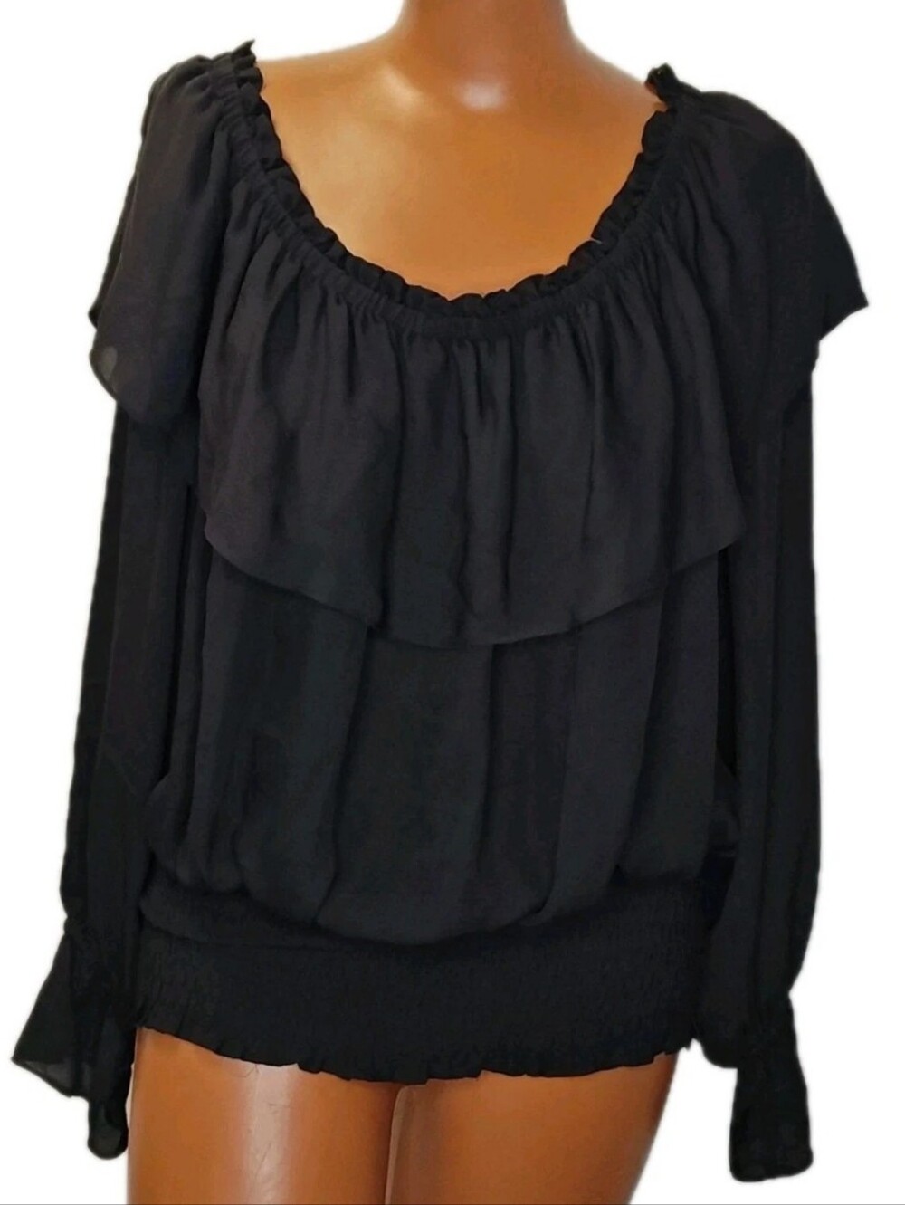 Michael Kors Silk Off The Shoulder Top Sz XL Satin Black Whimisgoth Boho Pirate